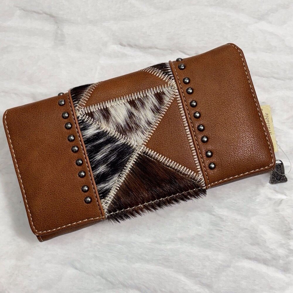 Trinity Ranch Hair-On Brown Studded Women’s Wallet Western Flap Clutch NWT
